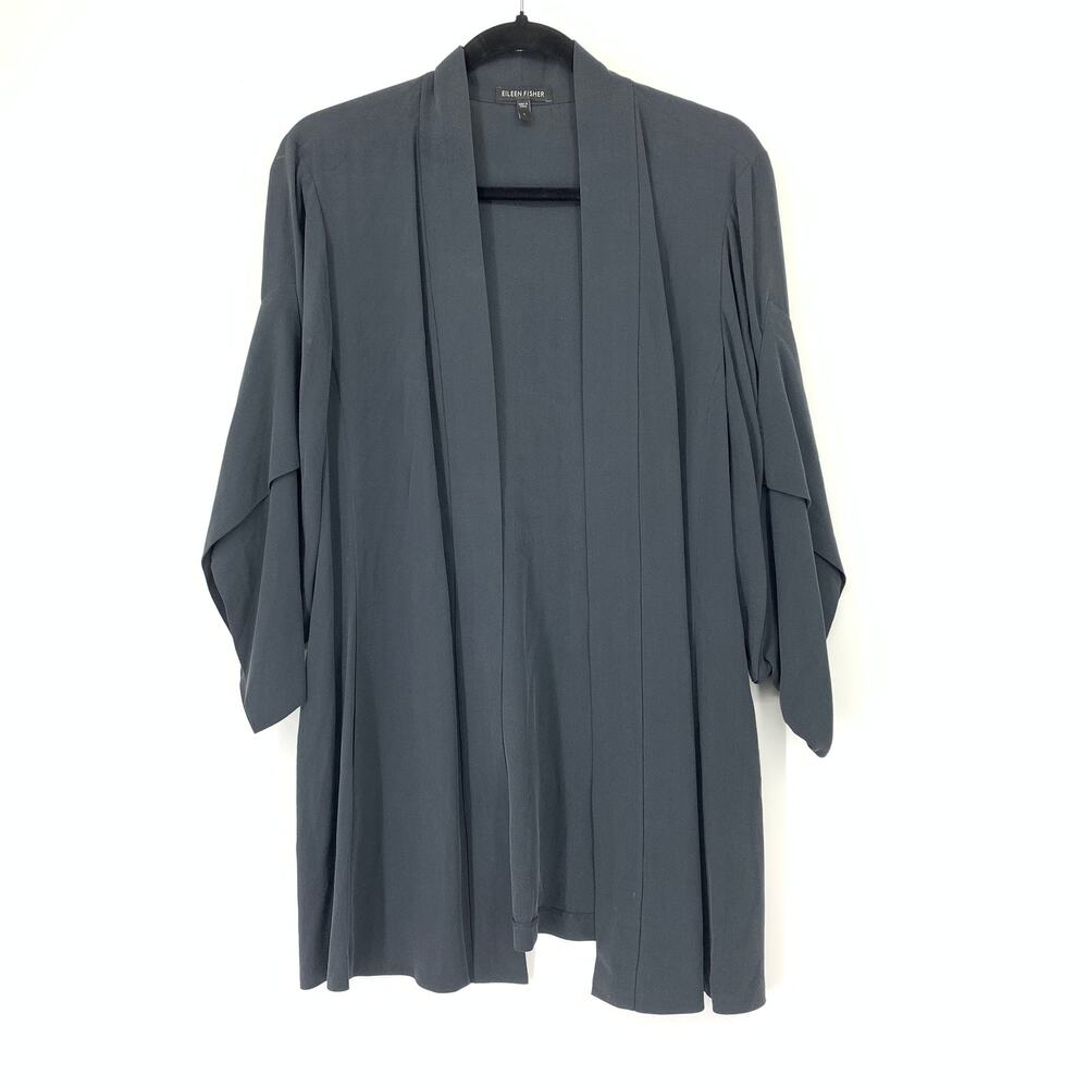 Eileen Fisher 100% Silk Open Front Cardigan Womens Large Gray Fine Pebble Crepe